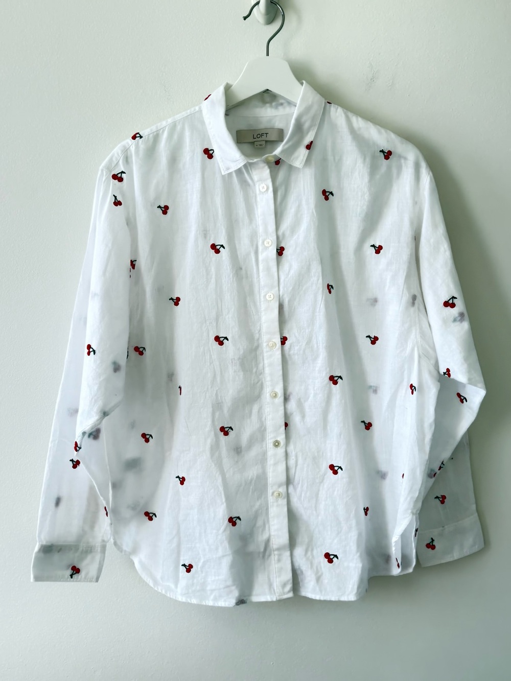 LOFT Women’s Long Sleeve White Button-Down Shirt with Red Cherry Motif